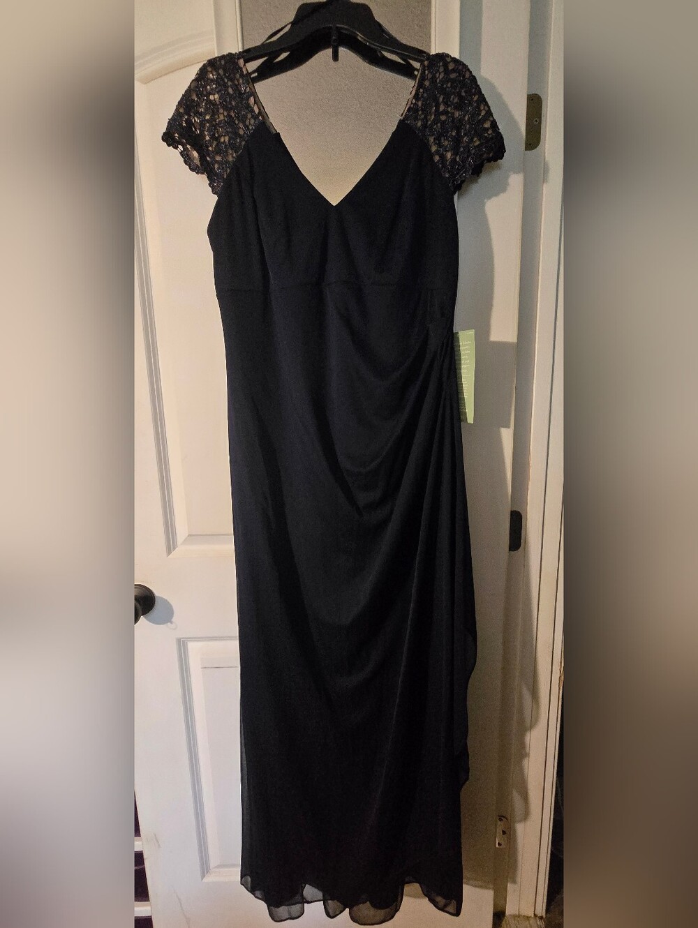 Navy And Nude Lace-Sleeve V-Neck Formal Dress